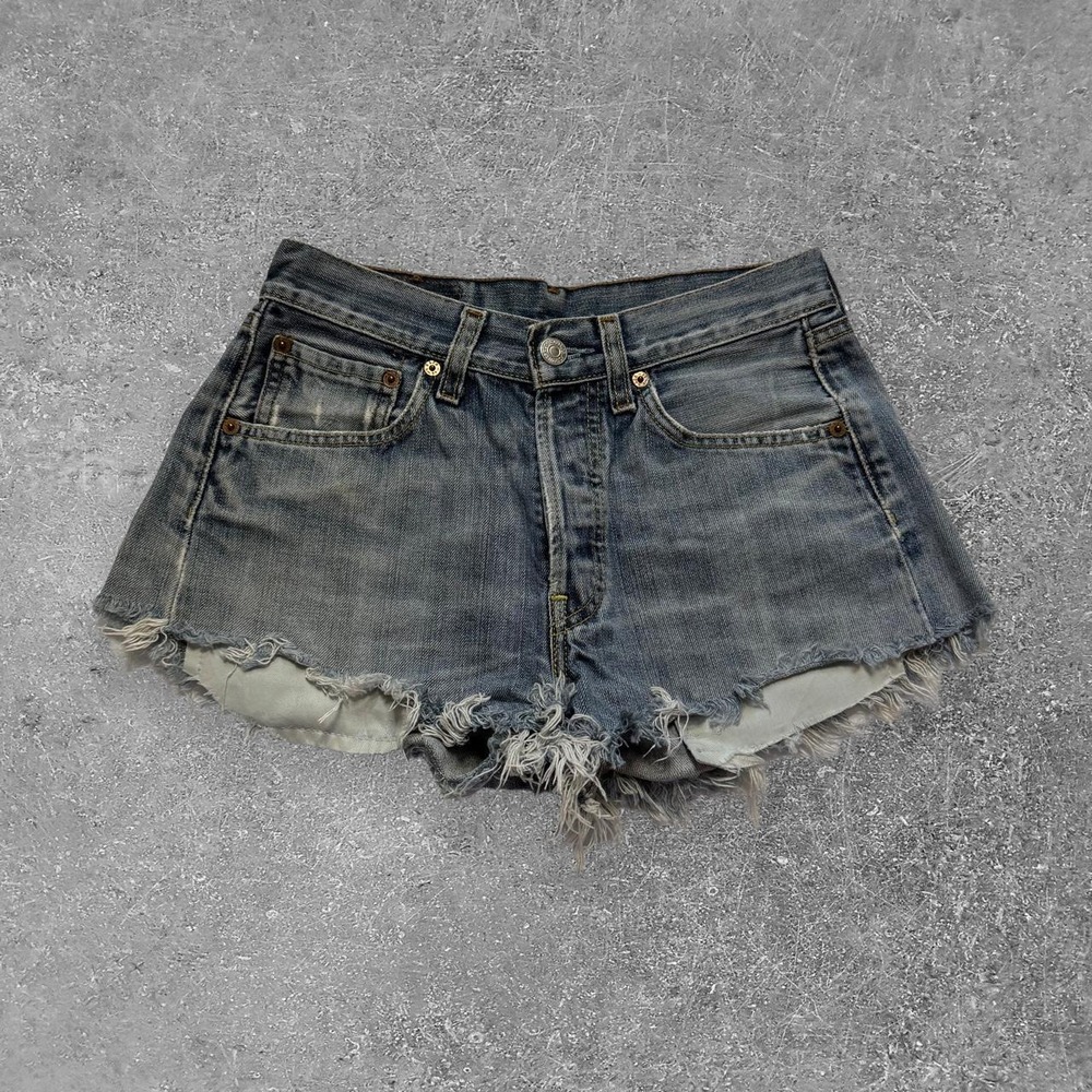 Levis 501 Women Blue Denim Cutoff Shorts Size 28 High Rise Button Fly Frayed Hem